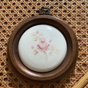Vintage Ceramic Hand Painted Pink Rose with Wooden Frame